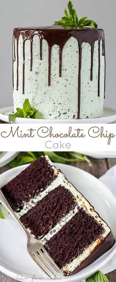 two photos of a chocolate cake with mints on top and the same one has white frosting