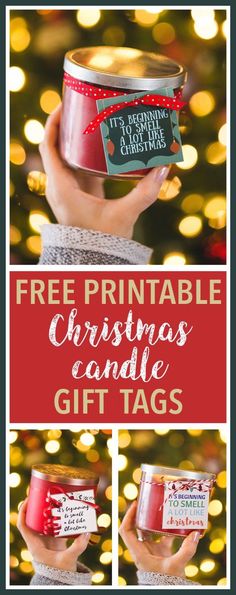 a person holding up a christmas candle with the text free printable christmas candle gift tags