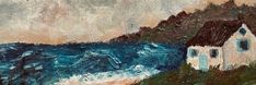 an oil painting of a house by the ocean with waves crashing in front of it