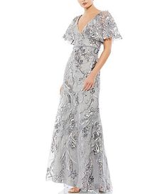 Mac Duggal Beaded Square Neck Long Illusion Sleeve Jersey Side Slit Gown | Dillard's Motb Dress, Mog Dresses, Mesh Gown, Sleeve Gown, Trumpet Gown, Mob Dresses, Prom Designs, Designer Prom Dresses, Embroidered Tulle