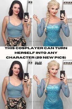 four pictures of a woman in blue dress holding a cell phone and smiling at the camera