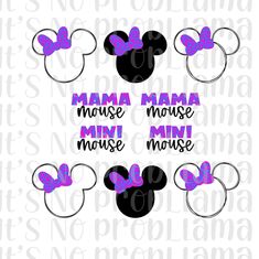 three minnie mouse ears with the words mama, mamma and mini mouse on them