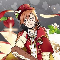 an anime character is sitting on the ground with apples and flowers around him, while talking on his cell phone