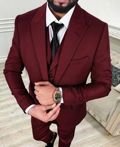 This is a Classy Burgundy 3 Piece Suit by Goldenfashionstore /crafted from high quality fabric and imported materials. Our products are handcrafted by experienced tailors who make sure the that the stitching is precise, lining is proper and the overall product is sturdy enough to not go out of shape for more than a few years. Also all our products have extra margins in their length, sleeves, sides so it's easily alterable if your size changes after some time. To see more available colours and de Winter Three-piece Suit For Groom, 3 Piece Suit Men Wedding, Wedding Suit Groomsmen, 3 Piece Suit Men, Men Wedding Suit, Suit Groomsmen, Maroon Suit, Elegant Suit, Trendy Suits