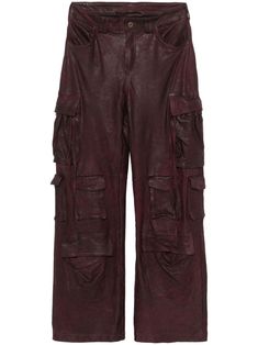 oxblood red sheepskin smooth grain burnished finish front button and zip fastening mid-rise belt loops two rounded pockets to the sides multiple cargo pockets straight leg Leather Cargo Pants, Oxblood Red, Yoko London, Iconic Bags, Exclusive Fashion, Ballet Flat Shoes, Pants Straight, Pump Sandals, Ski Wear