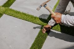 All About Our Diamond Pavers and Artificial Grass - Chris Loves Julia Faux Grass Between Pavers, Pavers With Artificial Grass In Between, Pavers Design, Fake Turf