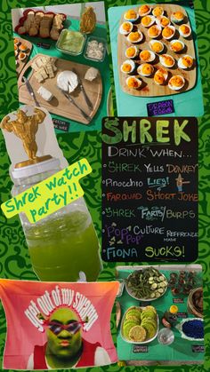 a collage of food and drink items on a green background with words shrek