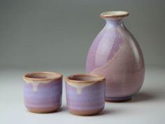 two vases and one cup are sitting next to each other