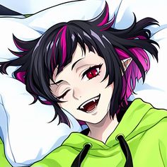 an anime character with black hair and red eyes laying on a white pillow, wearing a green hoodie