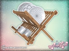 an image of a wooden stand with dishes on it and the words, the sims resources