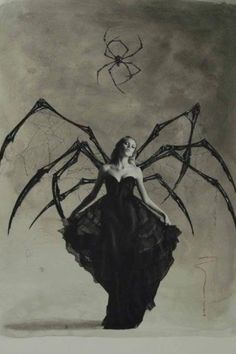 a drawing of a woman in a black dress with large spider webs on her arms