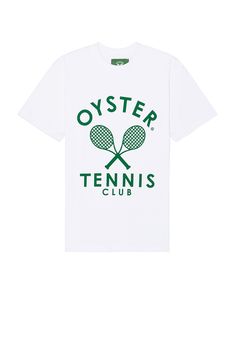 a white tshirt with green tennis rackets on it and the words oyster tennis club