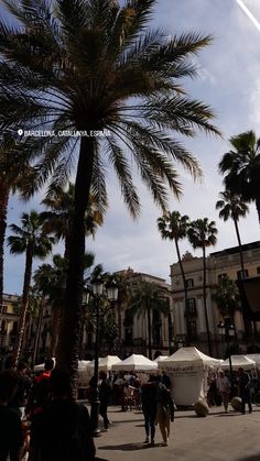 palm trees and people walking around in front of a large building with white awnings