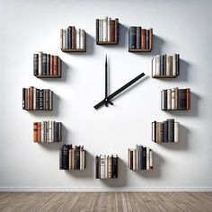 a clock made out of books on a wall with a wooden floor in front of it