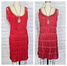 VINTAGE Flapper costumes! 2 dresses available,  sleeveless nylon fabric with fringe. they do run small check measurements below NO stretch at hip/butt you need to check this they are both small at this area. Very good condition accessories not included Dress 1, size M fits like XXS/XS  good condition Bust - 37 Hip - 34 Body Length - 36  Dress 2. slightly darker red  gold sequin trim all the way around neckline. no tags Fits like XS/S Bust 36 Hip 36 length 34 20s Halloween Costume, Roaring 20s Halloween, Flapper Costume, Red Fringe, Roaring 20s, Nylon Fabric, Gold Sequin, Costume Dress, Dress Red