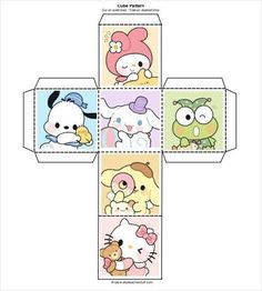 an open box with four pictures of hello kitty and other cartoon characters on the inside