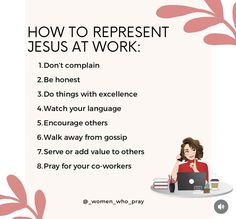 a woman sitting at a table with a laptop on her lap and the words how to represent jesus at work