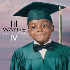 a young boy wearing a green graduation cap and gown with the words lil wayne thaa carter iv on it