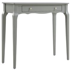 a grey desk with two drawers and one drawer on the top, in front of a white background