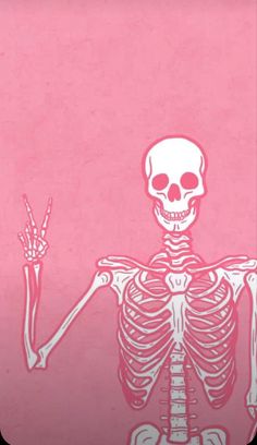 a skeleton holding up two fingers in front of a pink background with the word love written on it