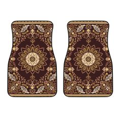 two car mats with an ornate design on the front and back, both in brown