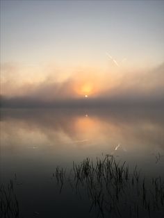 the sun is setting over water with grass in foreground and fog in the background