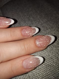 Hoco Nails Hot Pink, Glittery Nails Short, Birthday Nail Inspo 2024, Fancy Short Nails, Pink Nails Ideas Glitter, Nail Ideas Hoco, Sparkly French Nails, Nail Inspo Glitter, Homecoming Nail Ideas