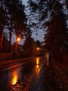 a person with an umbrella is walking down the street in the rain on a rainy night