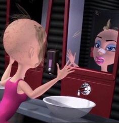 an animated woman is looking at herself in the mirror