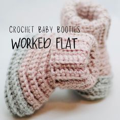 two crochet baby booties with the words worked flat on top of them