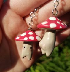 Mushroom Earrings - Etsy Whimsical Mushroom-shaped Earrings For Gifts, Cute Mushroom Design Dangle Earrings, Whimsical Dangle Earrings With Mushroom Design, Cute Dangle Earrings With Mushroom Design, Unique Adjustable Mushroom Earrings, Cute Handmade Mushroom-shaped Earrings, Cute Handmade Mushroom Earrings, Handmade Cute Mushroom Earrings, Fun Mushroom Design Jewelry For Gifts