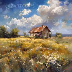 an oil painting of a house in the middle of a field with wildflowers