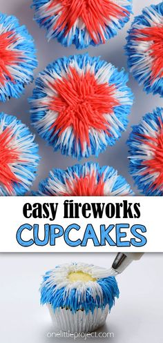 cupcakes with red, white and blue icing on them are shown in the shape of fireworks