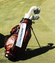 a golf bag on the green with a pom - pom attached to it