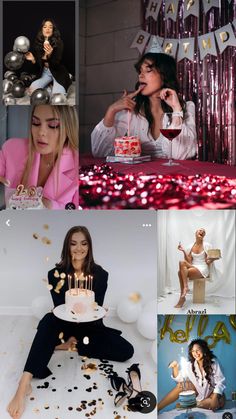 collage of photos with woman in party attire and cake, balloons, confetti