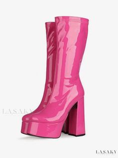 Lasaky - Stylish Womens Patent Leather Mid-Calf Boots with Chunky Platform Heels Y2k Boots, Shiny Boots, Block High Heels, Platform Boots Chunky, Velvet Heels, Retro Mode, Platform Heels Chunky, Chunky Block Heels, Boots Women Fashion