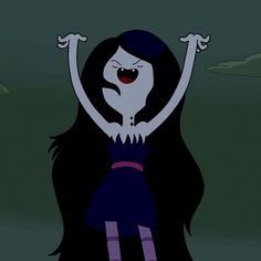 a cartoon character with long black hair holding her arms up in the air and smiling