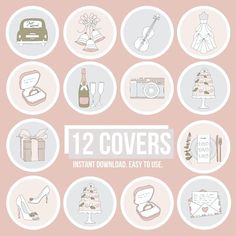 twelve hand drawn wedding icons with the text 12 covers instant downloaded, easy to use