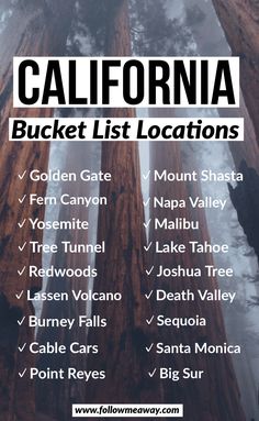 the california bucket list is shown in black and white with text overlaying it