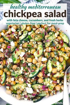 healthy mediterranean chickpea salad with feta cheese, cucumbers, and fresh herbs