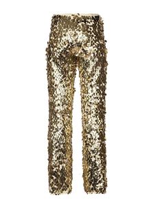 The gold sequin trousers lined with a stretchy silky satin feature a straight-leg, mid-waisted silhouette, with a striking metallic finish from the sequins. The design is carefully done to give a simplistic silhouette yet a stunning overall look. The glittering gold shines beautifully even with just a tiny bit of light source. Style with the embroidered corset and white leather boots to be the rock star of the night. Gold Shiny Bottoms For Night Out, Gold Stretch Shiny Bottoms, Gold Stretch Bottoms For Party, Fitted Shiny Gold Bottoms, Glamorous Shiny Gold Bottoms, Glamorous Stretch Gold Bottoms, Glamorous Gold Stretch Bottoms, Glamorous Festive Pants, Elegant Embellished Gold Bottoms