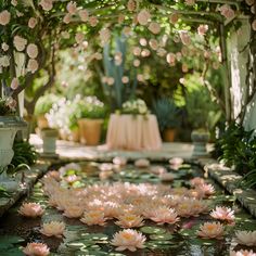 there are many water lilies in the pond and flowers on the table behind them