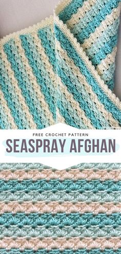 two crocheted afghans with the text free crochet pattern seaspray afghan