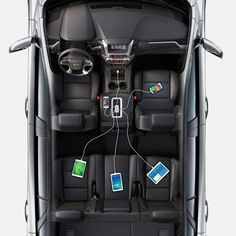 the interior of a car with electronic devices connected to it