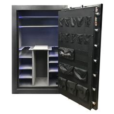 an open black safe with blue shelves and bins on the door, in front of a white background