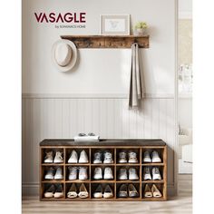 there is a shoe rack with many pairs of shoes on it