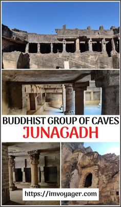 the buddhist group of caves in jungaadh, india with text overlay