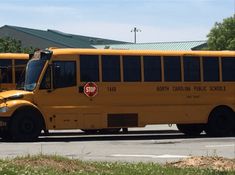 two yellow school buses parked on the side of the road