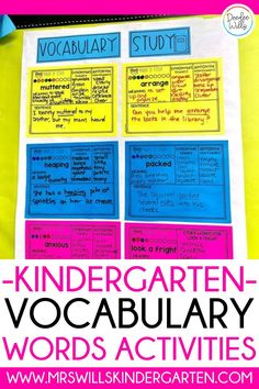 a poster with words and pictures on it that read,'kindergarten - vocabulary words activities