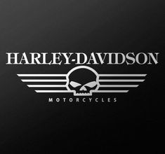 the harley davidson motorcycle logo is shown on a black background with white lettering and a skull